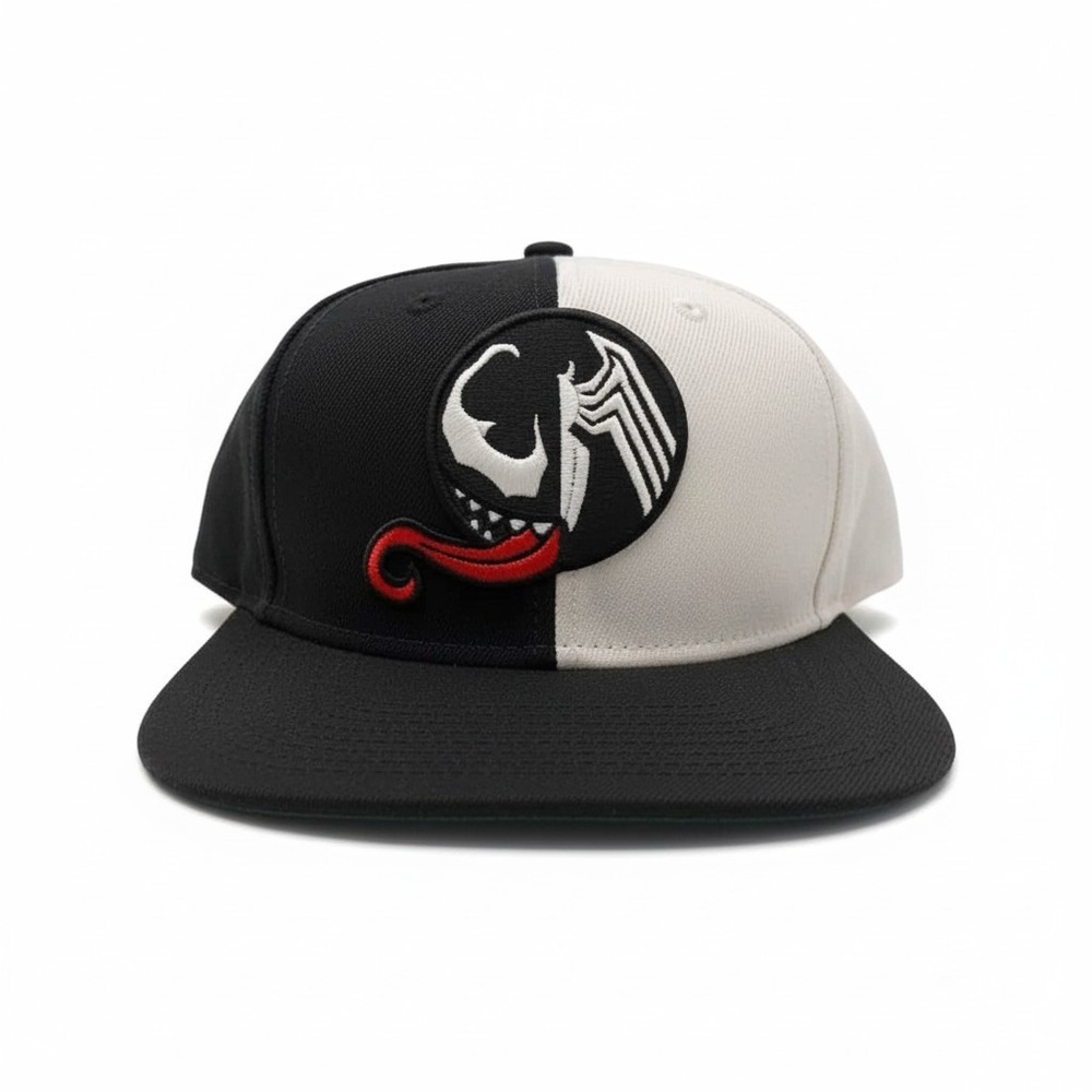 Marvel Venom Snapback Hat Black White Two Tone Split Embroidered Flat Brim Cap
